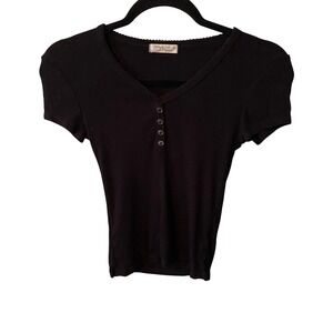 VTG Haley & June Black Ribbed Button Henley Short Sleeve V Neck Top Women's XS